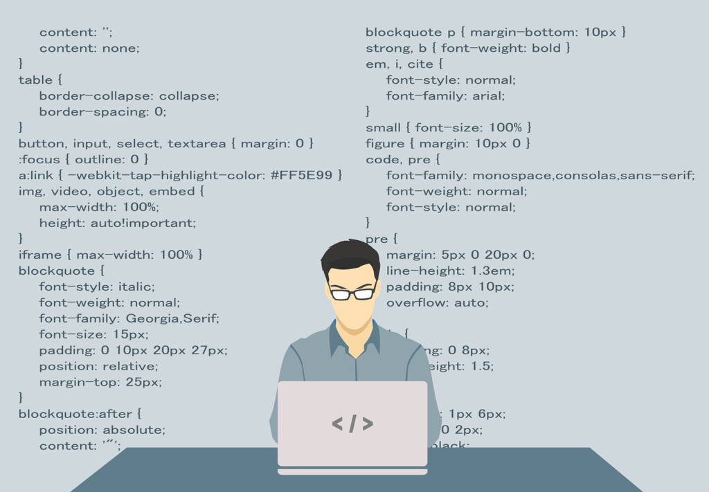 Infografia de un Scrum developer trabajando en su portatil con codigo Html